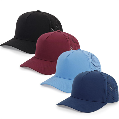 Toptan Piyasada 5 Panelli Mavi Beyzbol Şapkası Özel Lazer Kesme Delik Gorras Golf Su geçirmez Poliester Spor Şapkası