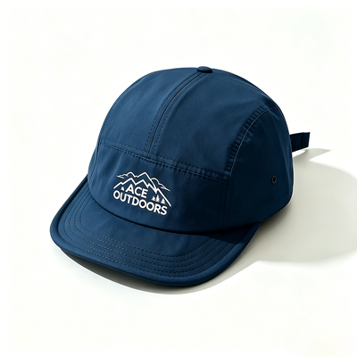 Düz kenarlı 5 panel camper şapkası, spor örgütlü terlik bandı ve ayarlanabilir kanca ve döngü kemeri