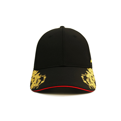 Her İki Tarafta Altın Baskı Siyah Spor Şapka, 6 Panel Beyzbol Özel Logo