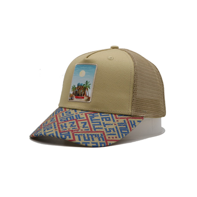 Baskılı yama 5 Panel Kamyoncu Kapak Işık Sarı Poliester Ve Mesh
