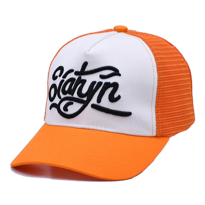 Unisex 5 Panel Trucker Cap Özel 3d nakışlı Eğri Kenar Saten Dökme Turuncu Ağı Çapkalar
