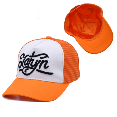 Unisex 5 Panel Trucker Cap Özel 3d nakışlı Eğri Kenar Saten Dökme Turuncu Ağı Çapkalar