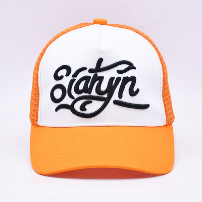 Unisex 5 Panel Trucker Cap Özel 3d nakışlı Eğri Kenar Saten Dökme Turuncu Ağı Çapkalar