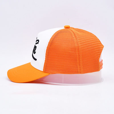 Unisex 5 Panel Trucker Cap Özel 3d nakışlı Eğri Kenar Saten Dökme Turuncu Ağı Çapkalar