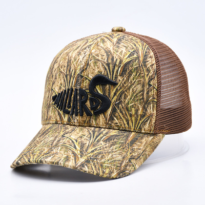 Moda Tasarımı Eğimli Kenar Spor 6 Panel Kamyoncu Mesh Şapka Özel 3D nakış Camo Kamyoncu Şapka