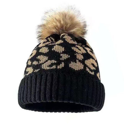 Yüksek Kaliteli Pom Pom Kış Leopard Baskı Beanie Toptan Yumuşak Sıcak Tricked Beanie Şapkalar