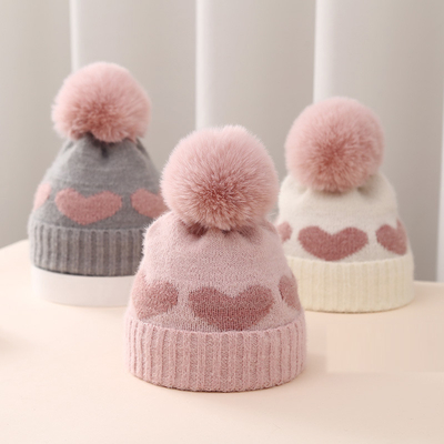 2024 Yeni Sonbahar Kış Bebek örgü şapkalar Kızlar Akrilik Bilayer Sıcak Bebek Beanie Tatlı Kalp Yeni Doğan Şapka