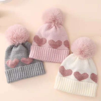 2024 Yeni Sonbahar Kış Bebek örgü şapkalar Kızlar Akrilik Bilayer Sıcak Bebek Beanie Tatlı Kalp Yeni Doğan Şapka