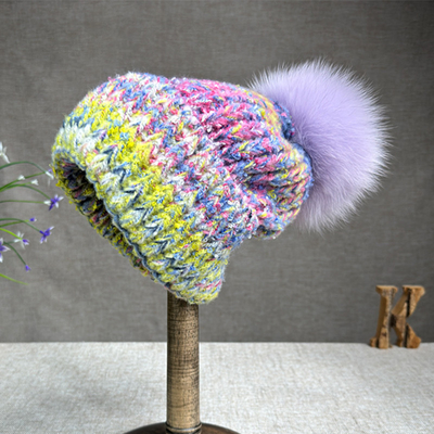 Kadınlar Yeni Yün Tavşan Kürk Kürk Pompom Şapka Yağlı Boyama Tarzı Dışarıda Sıcak Skullies Beanie Kış Şapkası