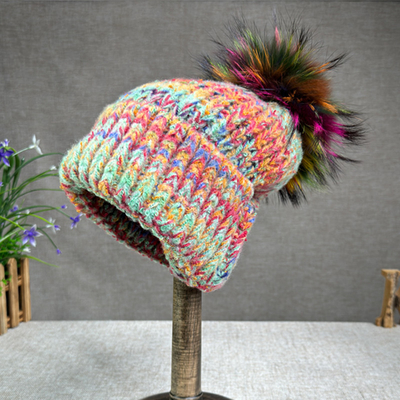 Kadınlar Yeni Yün Tavşan Kürk Kürk Pompom Şapka Yağlı Boyama Tarzı Dışarıda Sıcak Skullies Beanie Kış Şapkası