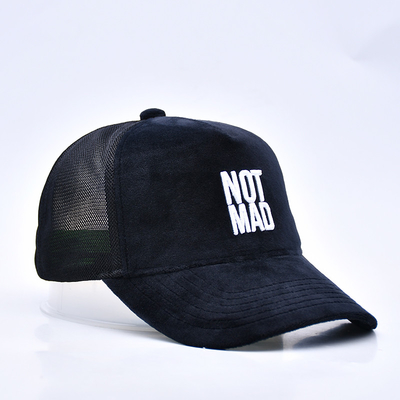 Yüksek profilli nakışlı süet kamyon şapkası Özel Logo 5 Panel Mesh Kamyon şapkası