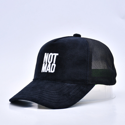 Yüksek profilli nakışlı süet kamyon şapkası Özel Logo 5 Panel Mesh Kamyon şapkası