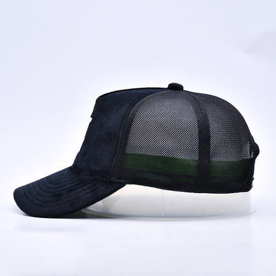 Yüksek profilli nakışlı süet kamyon şapkası Özel Logo 5 Panel Mesh Kamyon şapkası