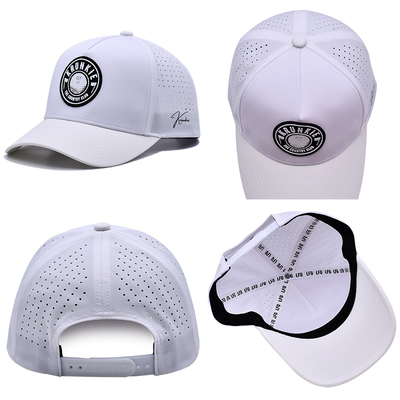 OEM Özel 5 Panelli Kauçuk Pvc Logo Lazer Kesim Delikli Delikli Spor Performans Baba Şapkası, Beyaz Su Geçirmez UV Dayanıklı Beyzbol Şapkası