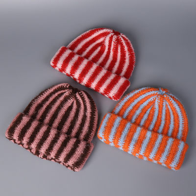 Wholesale High Quality Outdoor Female Wool Winter Warm Knit Beanie Custom Colorful Striped Pattern Beanie Cap for Women