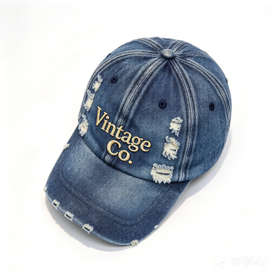Distressed Vintage Denim Dad Hat Raised Embroidery Hand Wash Recommended Adjustable Strap For Different Head Sizes