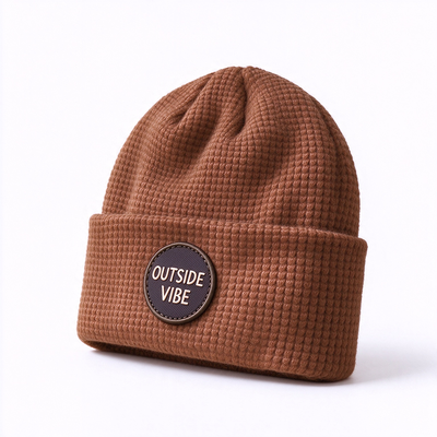Waffle Knit Beanie Hats Adult Leather Patch Custom Options Designed for Stylish Cold Weather Protection