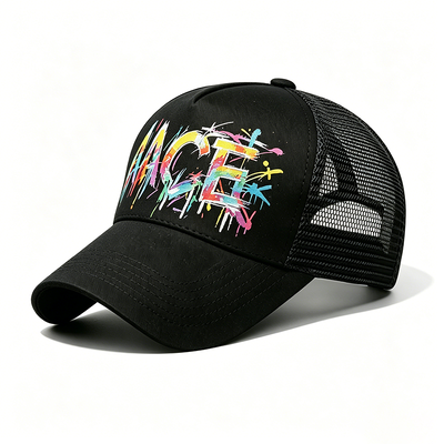 Düzenlenebilir Snapback Trucker Cap Dijital Isı Transferi Grafiti Deseni Ön Panel Maç Arka Şapka Açık Hava Etkinlikleri için Mükemmel Şirket Branding