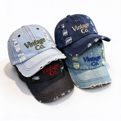 Sıkıntılı Vintage Denim Baba Şapkası Yükseltilmiş nakış El yıkama Farklı baş boyutları için ayarlanabilir kemer tavsiye edilir
