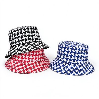 Geri dönüştürülmüş kumaş Houndstooth Bucket Hat Casual Hafif Nefes Alıcı Şapka Günlük Açık Hava Etkinlikleri İçin